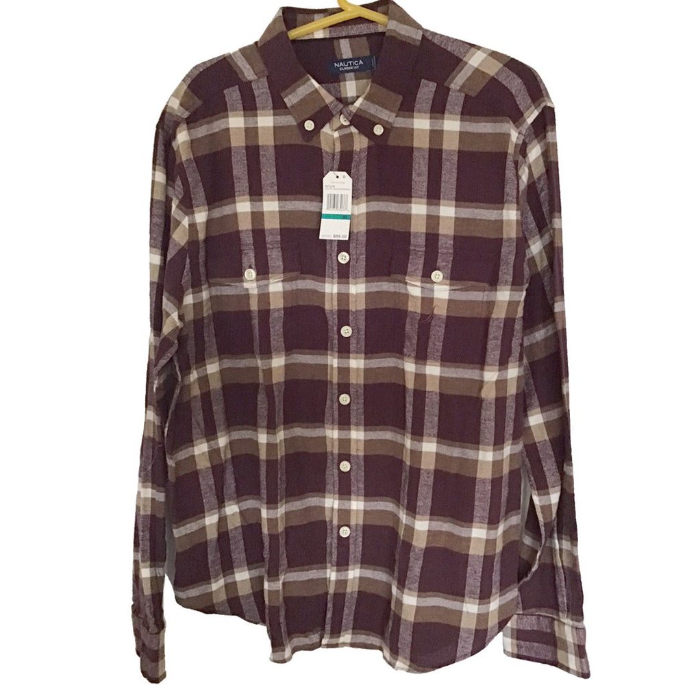 NEW $90 NautIca Plaid Flannel Shirt! L  Recycled Cotton  Maroon Tan  Classic Fit